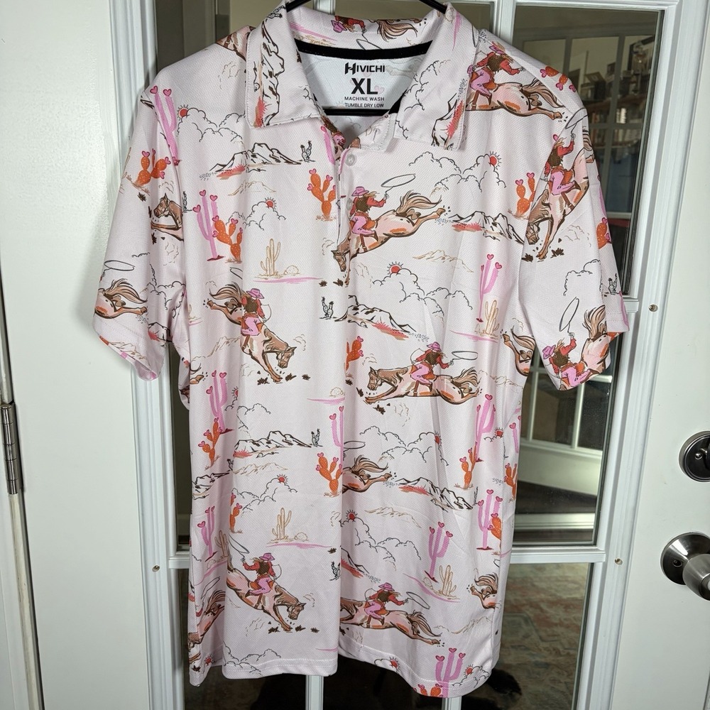 Hivichi Men's XL Western Cowgirl Print Polo Golf Shirt Pink - Picture 2 of 11